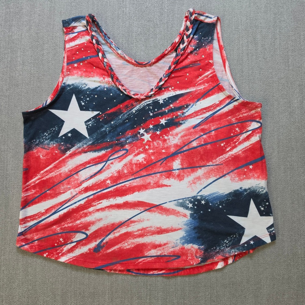Onque Casual Tank Top Women PXL Red White Blue Patriotic Rhinestone Stars